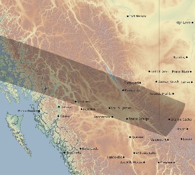 Map of the eclipse path across Canada on 04/21/1697