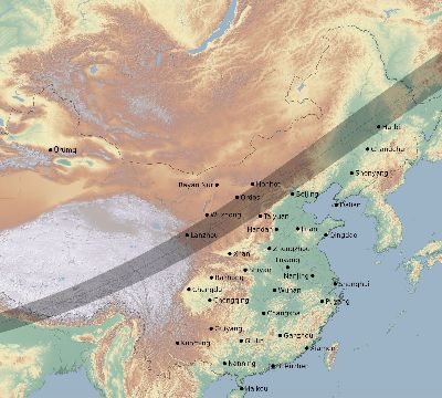 Map of the eclipse path across China on 04/21/1697