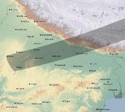 Map of the eclipse path across India on 04/21/1697