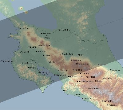 Map of the eclipse path across Costa Rica on 04/10/1698