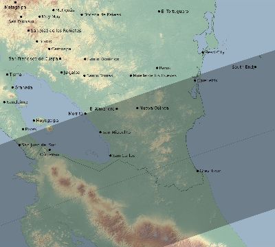 Map of the eclipse path across Nicaragua on 04/10/1698