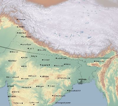 Map of the eclipse path across India on 09/23/1699