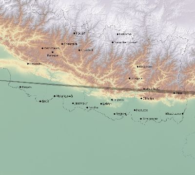 Map of the eclipse path across Nepal on 09/23/1699