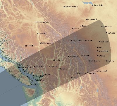 Map of the eclipse path across Canada on 02/07/1701
