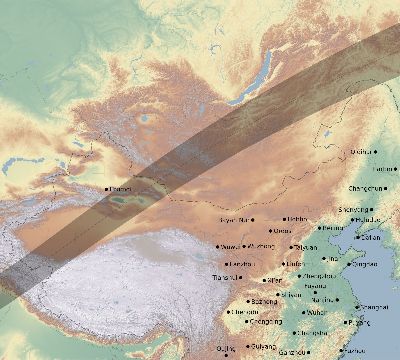 Map of the eclipse path across China on 02/19/1719
