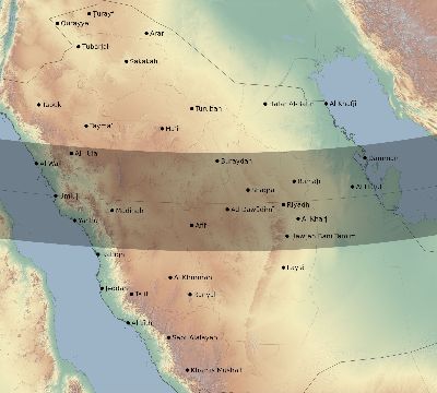 Map of the eclipse path across Saudi Arabia on 02/19/1719