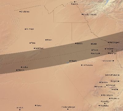 Map of the eclipse path across Botswana on 02/08/1720
