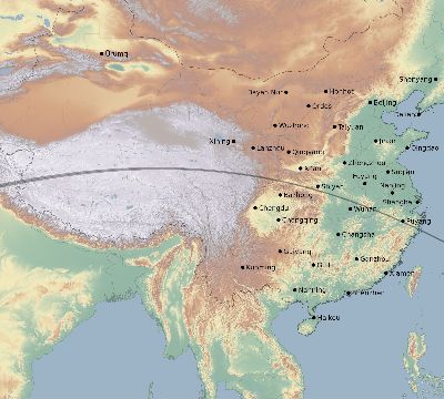 Map of the eclipse path across China on 08/04/1720