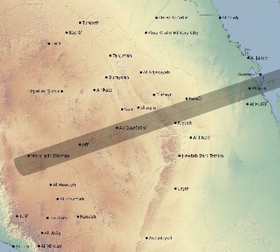 Map of the eclipse path across Saudi Arabia on 08/04/1720