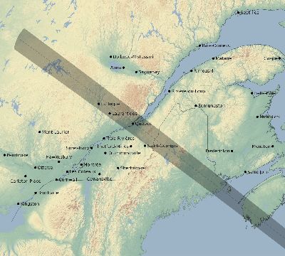 Map of the eclipse path across Canada on 12/08/1722