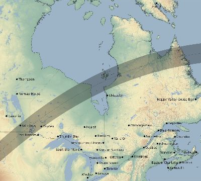 Map of the eclipse path across Canada on 05/22/1724