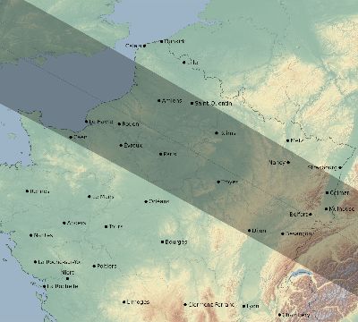 Map of the eclipse path across France on 05/22/1724