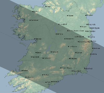 Map of the eclipse path across Ireland on 05/22/1724