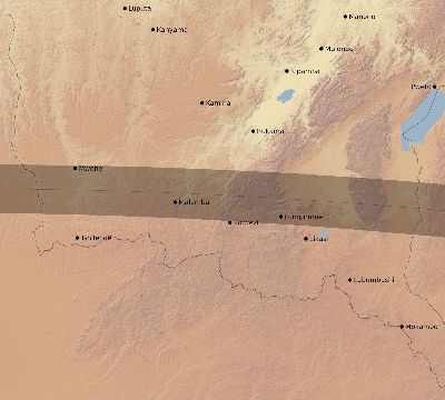 Map of the eclipse path across DR Congo on 04/02/1726