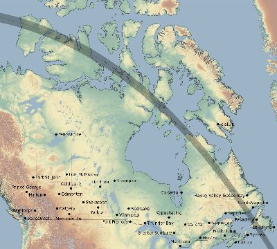 Map of the eclipse path across Canada on 09/25/1726