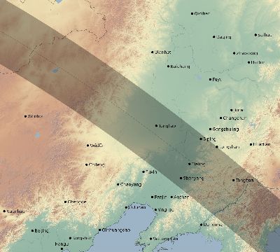 Map of the eclipse path across China on 07/15/1730