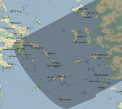 Map of the eclipse path across Greece on 07/15/1730