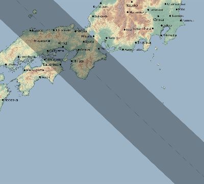 Map of the eclipse path across Japan on 07/15/1730