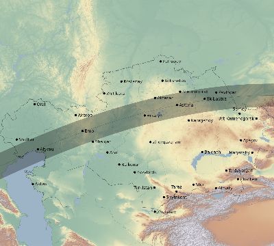 Map of the eclipse path across Kazakhstan on 07/15/1730