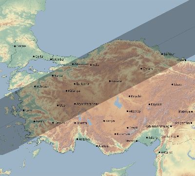 Map of the eclipse path across Turkey on 07/15/1730