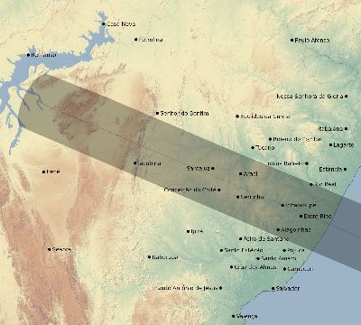 Map of the eclipse path across Brazil on 01/08/1731
