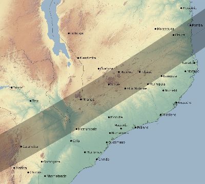 Map of the eclipse path across Mozambique on 01/08/1731