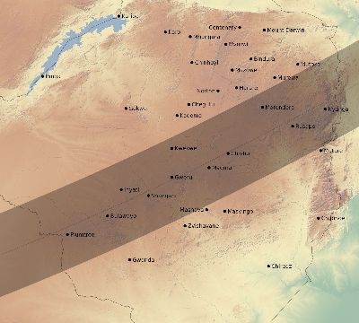 Map of the eclipse path across Zimbabwe on 01/08/1731