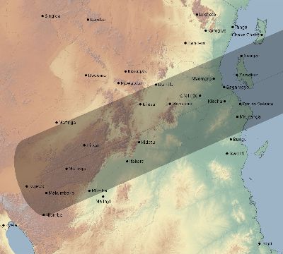Map of the eclipse path across Tanzania on 07/04/1731