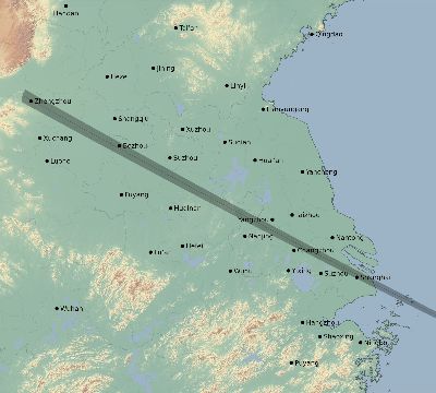 Map of the eclipse path across China on 12/29/1731