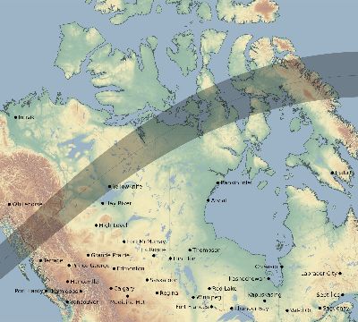 Map of the eclipse path across Canada on 05/13/1733