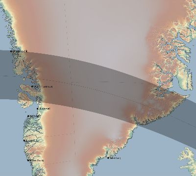 Map of the eclipse path across Greenland on 05/13/1733