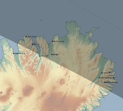 Map of the eclipse path across Iceland on 05/13/1733
