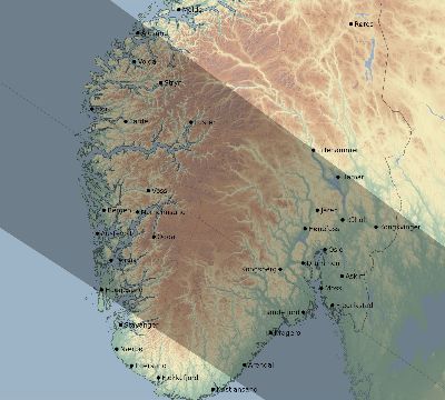 Map of the eclipse path across Norway on 05/13/1733