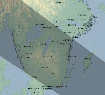 Map of the eclipse path across Sweden on 05/13/1733