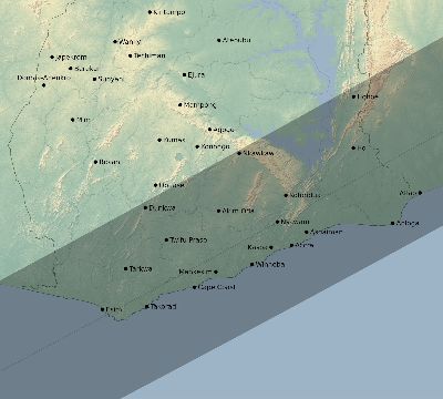 Map of the eclipse path across Ghana on 05/03/1734