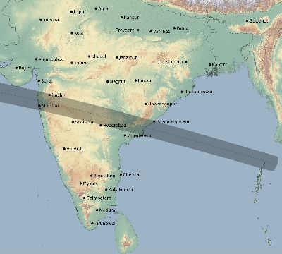 Map of the eclipse path across India on 05/03/1734