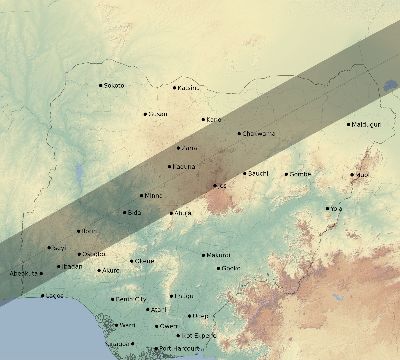 Map of the eclipse path across Nigeria on 05/03/1734