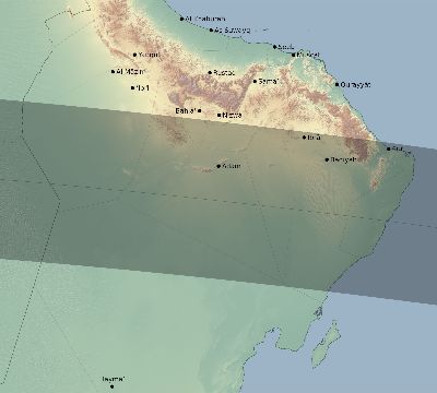 Map of the eclipse path across Oman on 05/03/1734