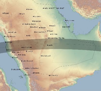 Map of the eclipse path across Saudi Arabia on 05/03/1734