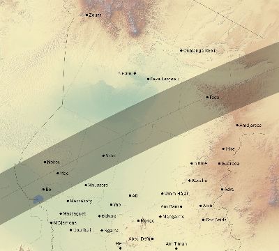 Map of the eclipse path across Chad on 05/03/1734