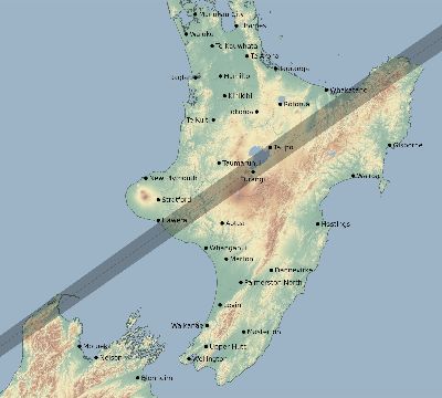 Map of the eclipse path across New Zealand on 04/23/1735
