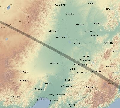 Map of the eclipse path across China on 10/16/1735