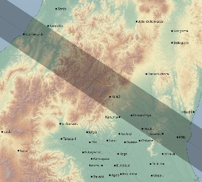 Map of the eclipse path across Japan on 10/16/1735