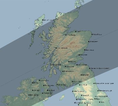 Map of the eclipse path across United Kingdom on 03/01/1737