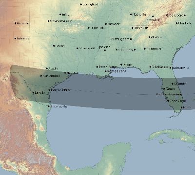 Map of the eclipse path across United States on 03/01/1737