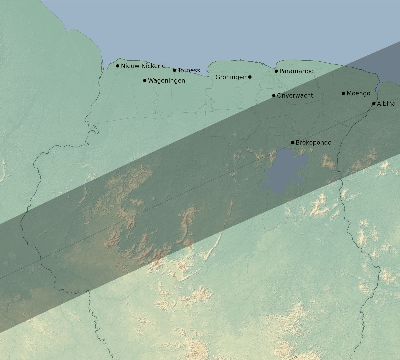 Map of the eclipse path across Suriname on 02/18/1738