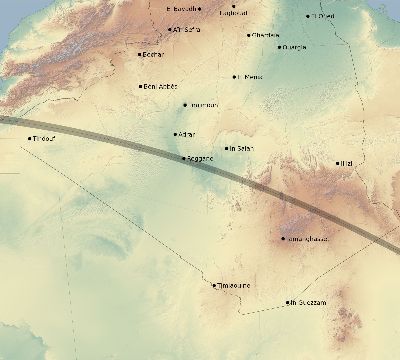 Map of the eclipse path across Algeria on 08/15/1738