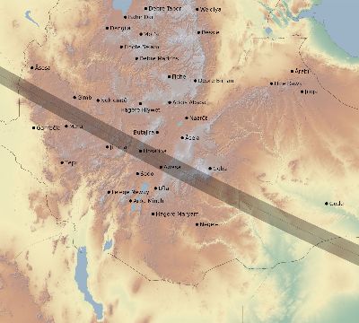 Map of the eclipse path across Ethiopia on 08/15/1738