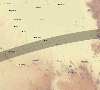 Map of the eclipse path across South Sudan on 06/13/1741