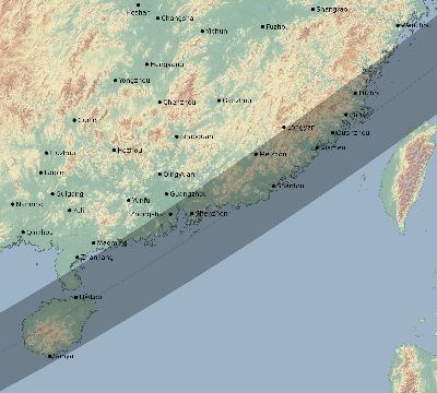 Map of the eclipse path across China on 06/03/1742